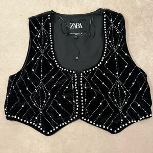 Zara Black Velvet Studded Crop Vest M